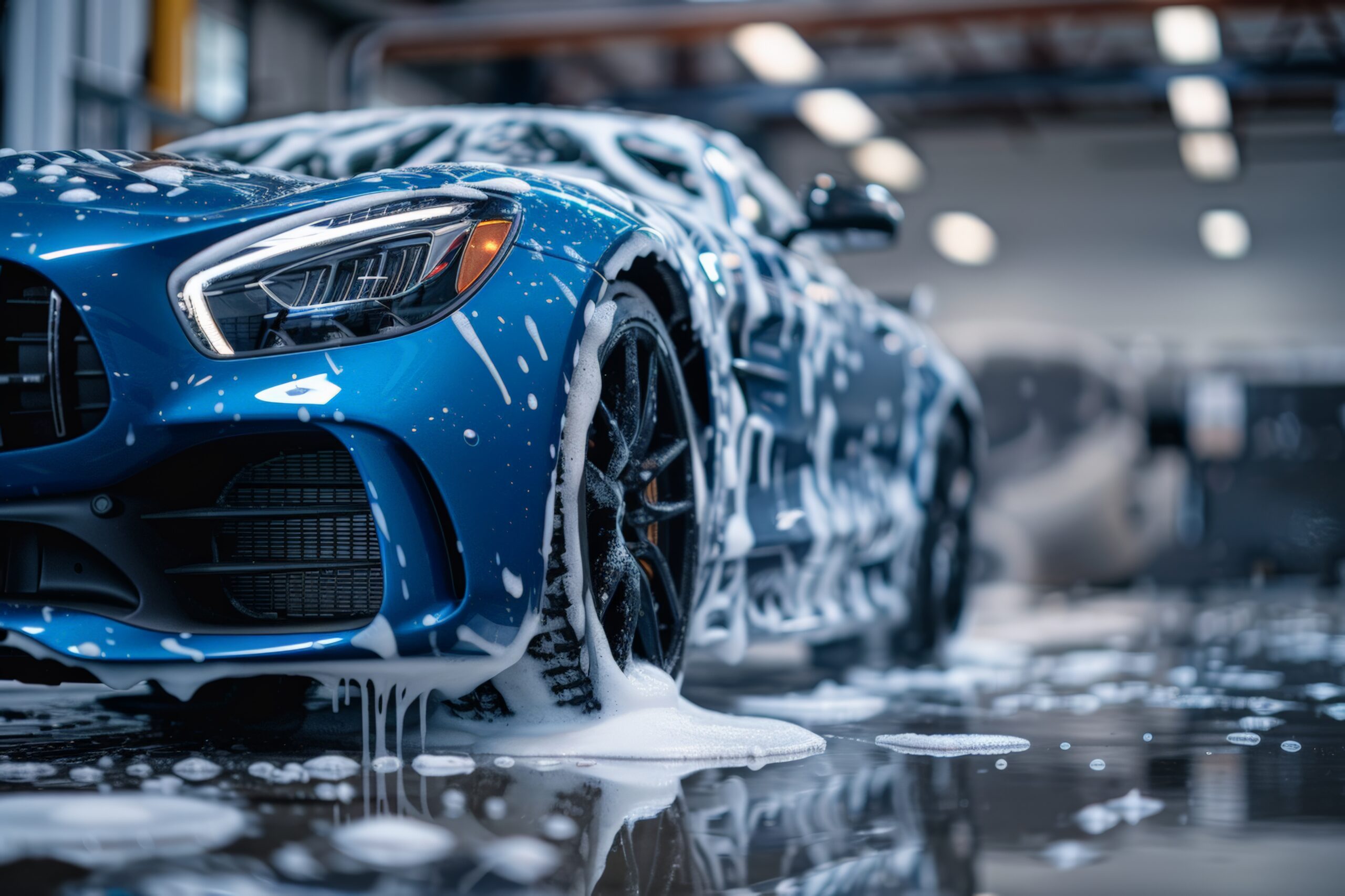 A sleek blue sports car is covered in soap suds during a wash at a professional car wash, capturing the shiny, clean look of the luxury vehicle in a modern setting.