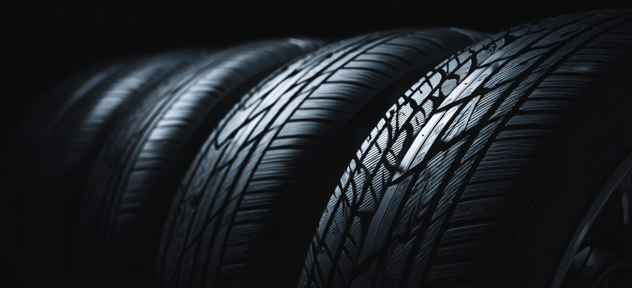Black background with a close up of black tires in a row. Abstract banner for a car, automotive, or mobile shop concept. Background for advertising and design with copy space.