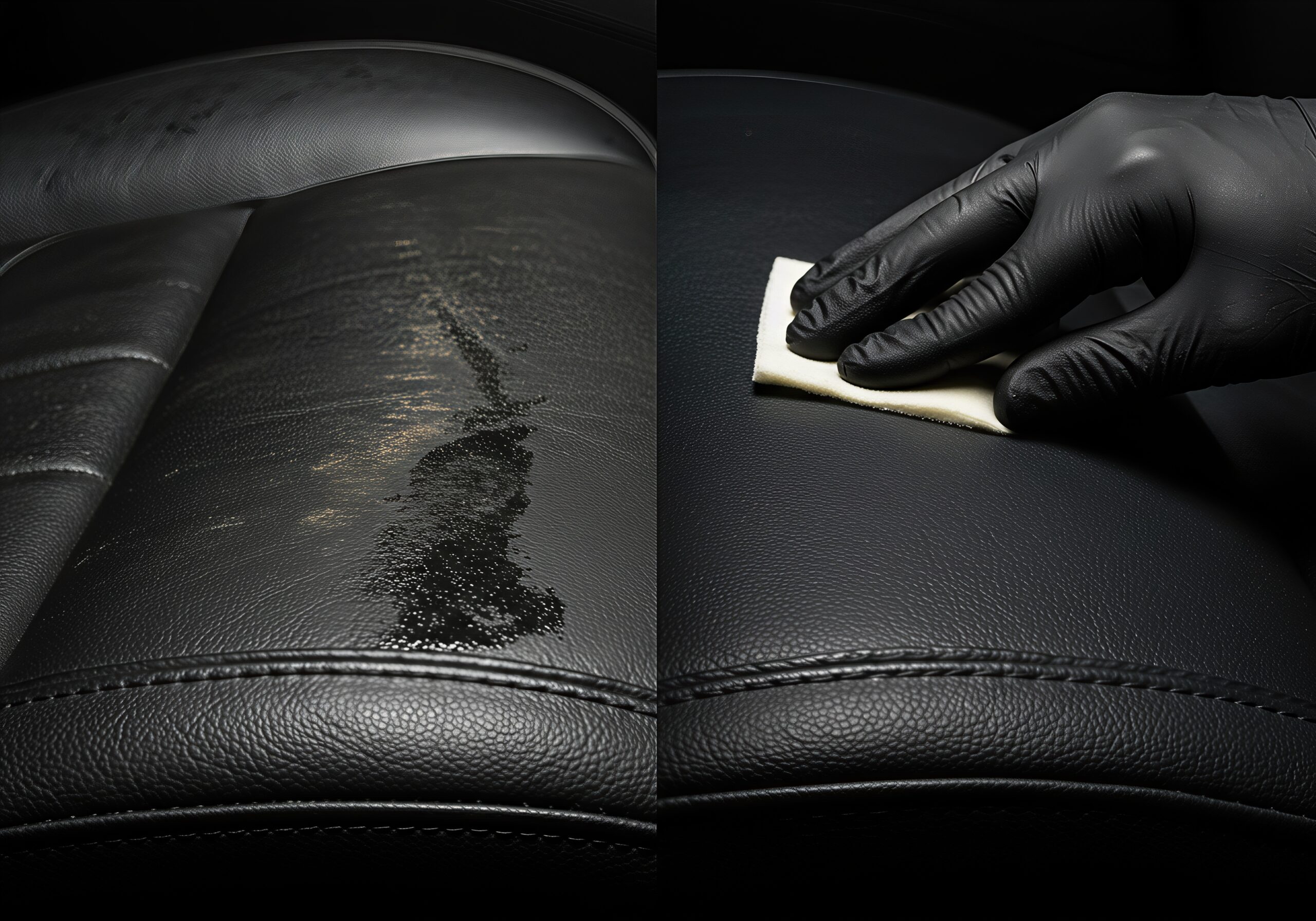 Before and after leather car seat restoration. Cleaning and conditioning worn vehicle upholstery.