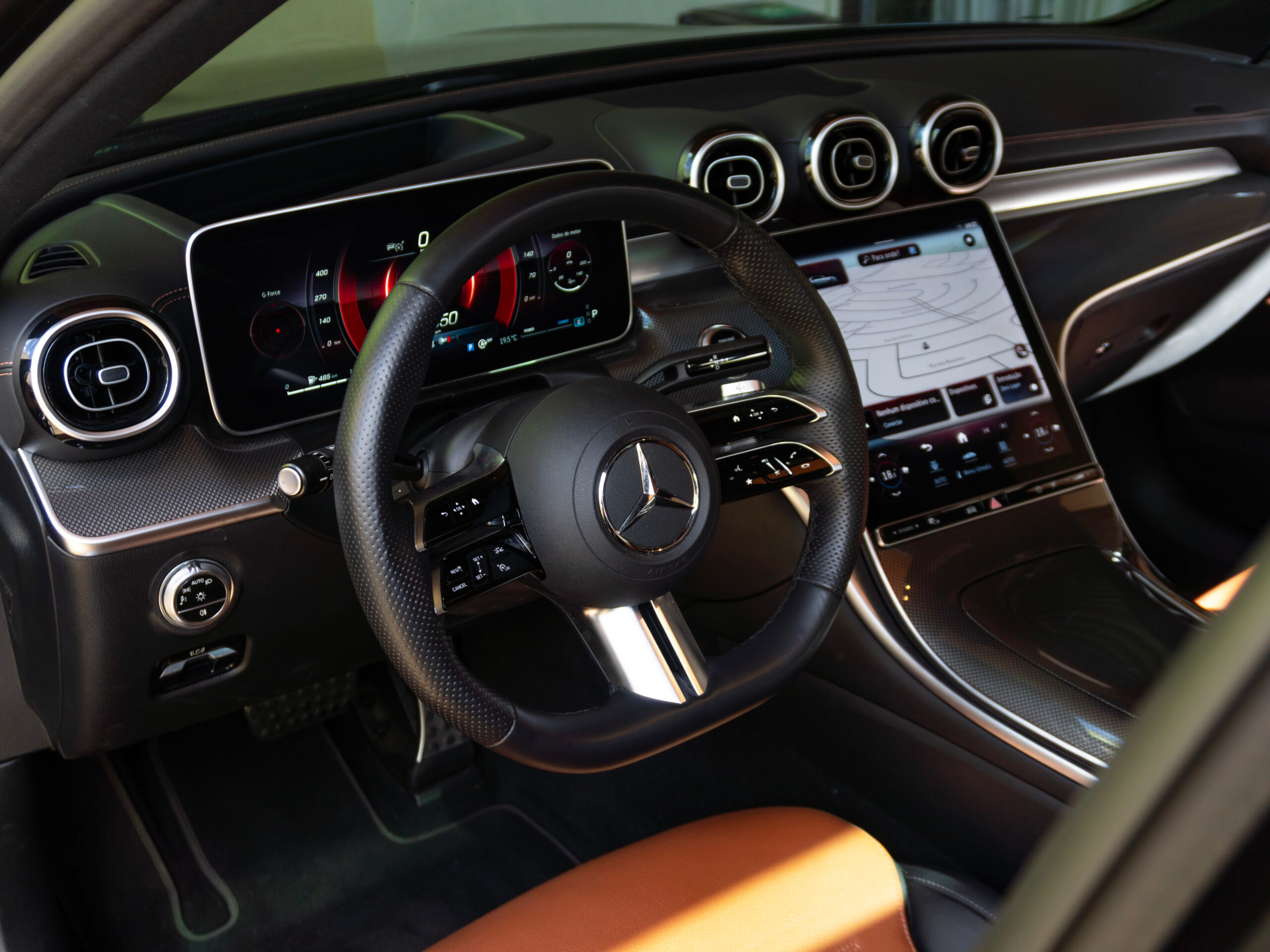 Mercedes Benz C300 High Tech Cockpit with Brown Leather Interior, Modern Luxury Car Cabin
